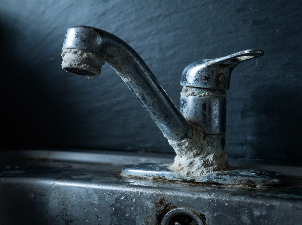 Chrome faucet with heavy hard water limescale and mineral crust buildup