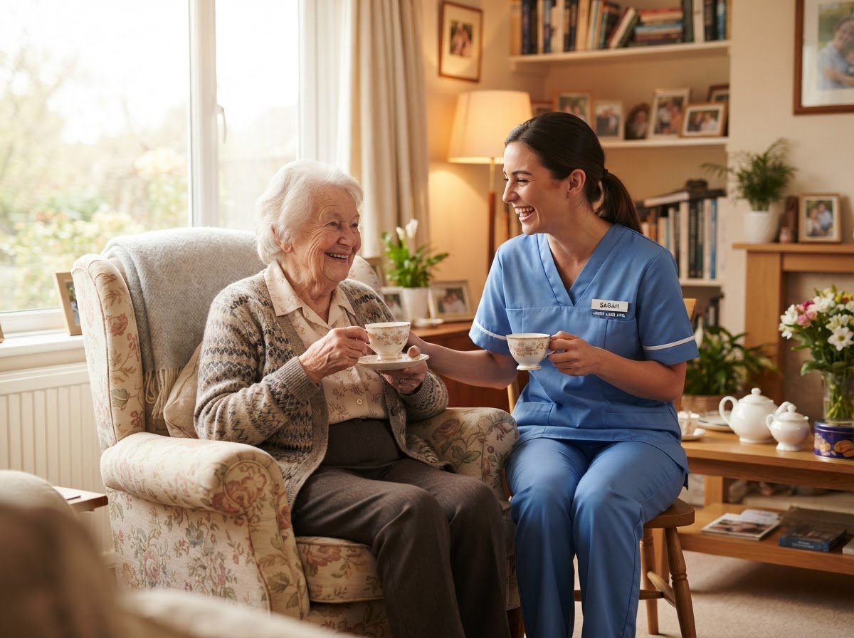 Caregiver smiling with senior client
