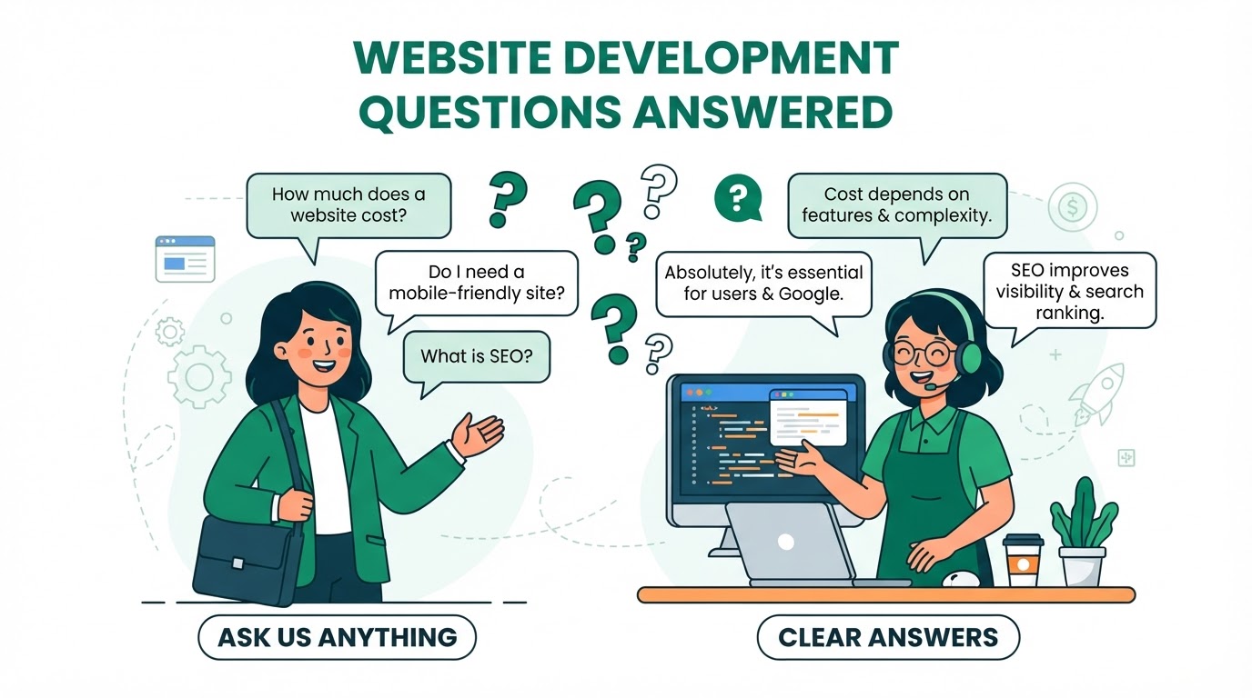Cartoon illustration of website development questions being answered by SITEBOW