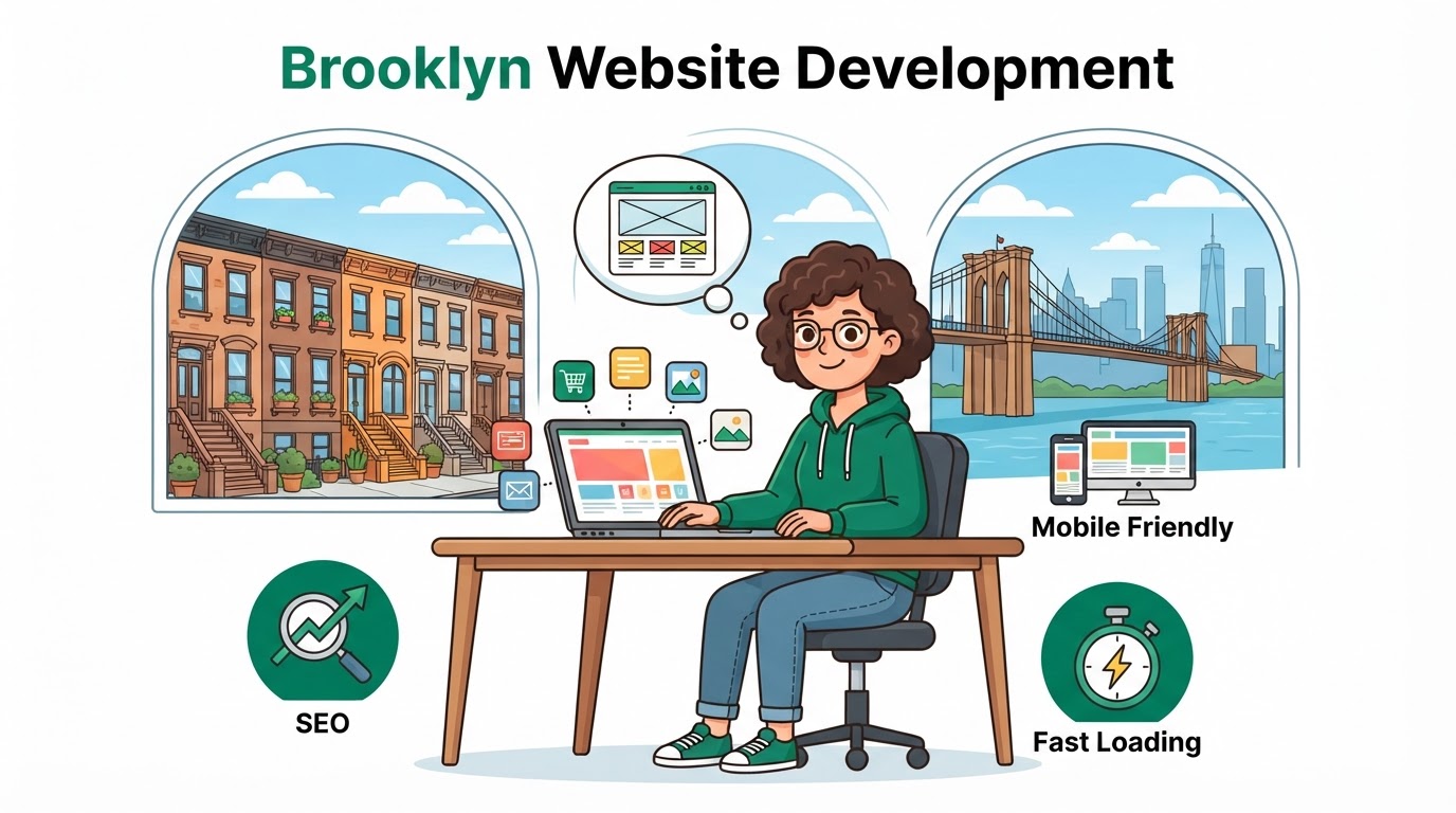 Cartoon illustration explaining website development in DUMBO, Brooklyn, showing web design, SEO, and mobile-friendly features