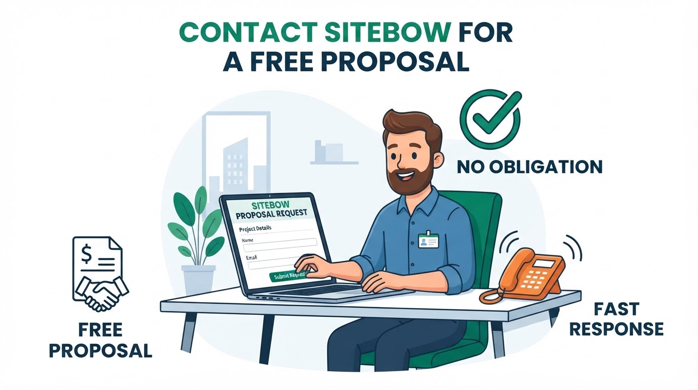 Cartoon illustration of requesting a free website development proposal from SITEBOW