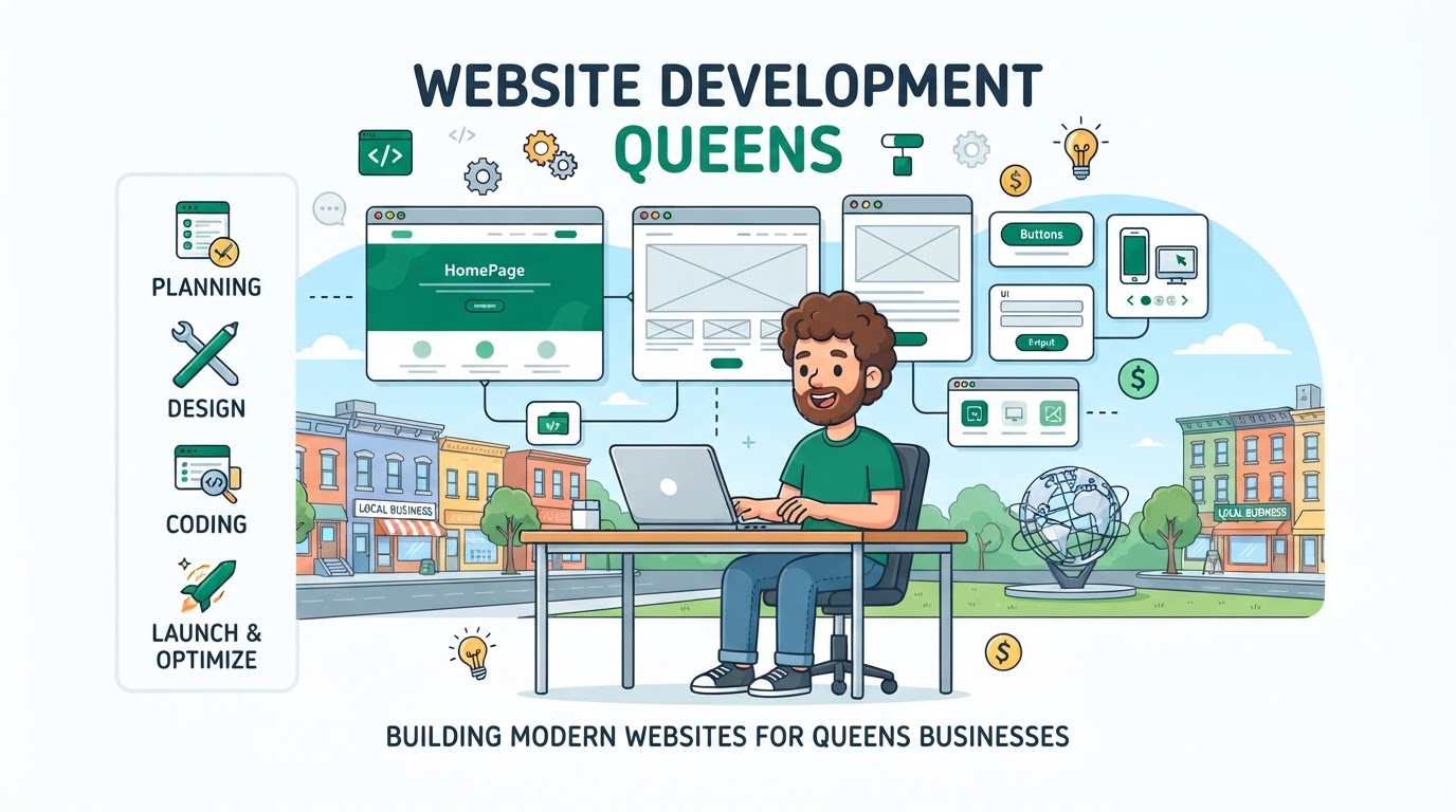 Cartoon illustration of website development in Queens, New York