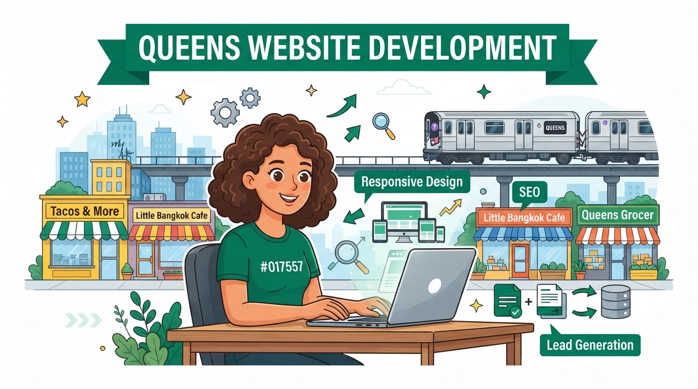 Cartoon illustration explaining website development in Queens, New York, showing web design, SEO, and mobile-friendly features