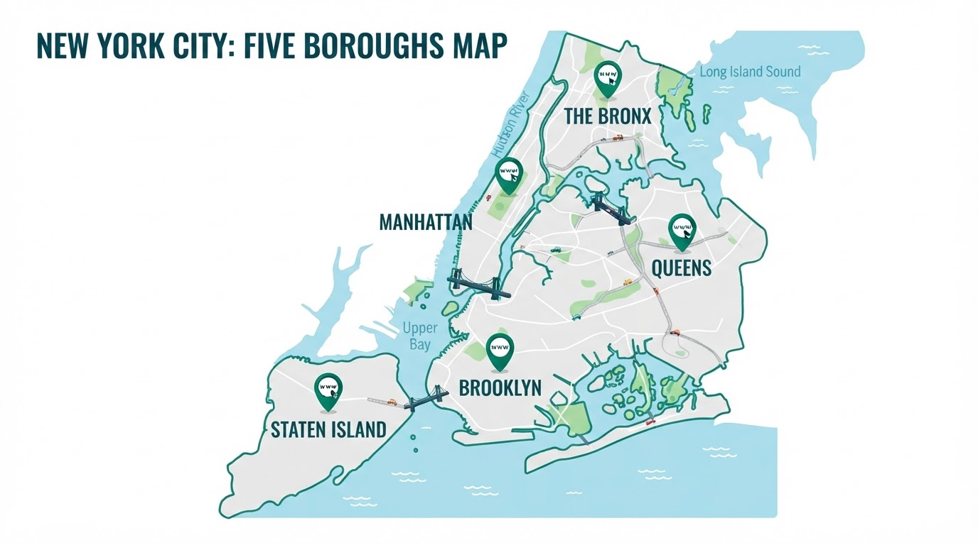 Cartoon map of New York City's five boroughs with website location pins