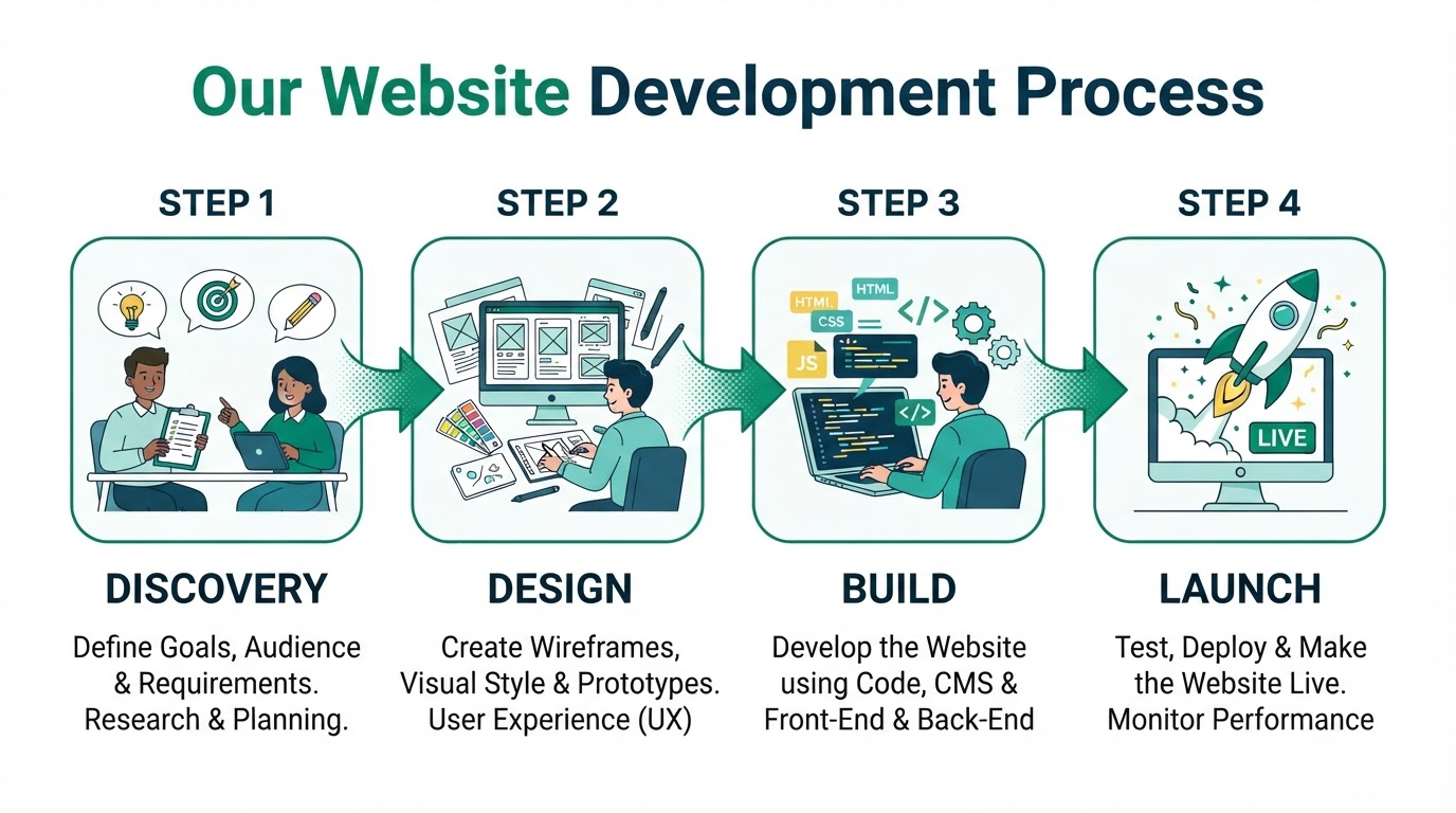 Cartoon illustration of the SITEBOW website development process: discovery, design, build, launch