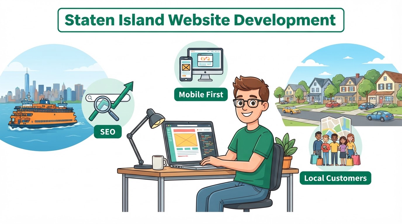 Cartoon illustration explaining website development in Staten Island, New York, showing web design, SEO, and mobile-friendly features
