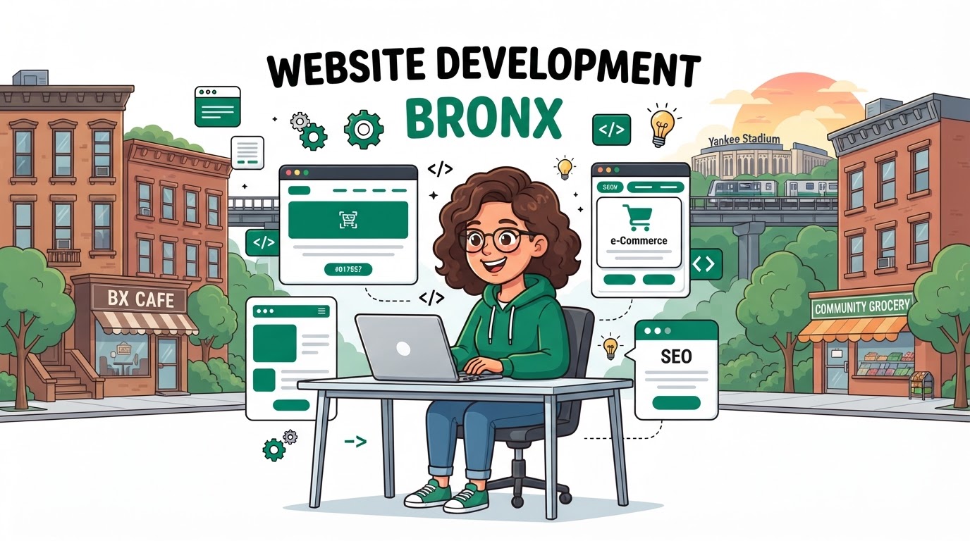 Cartoon illustration of website development in Bronx, New York