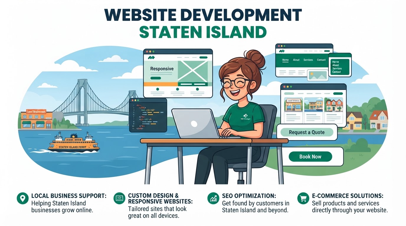 Cartoon illustration of website development in Staten Island, New York
