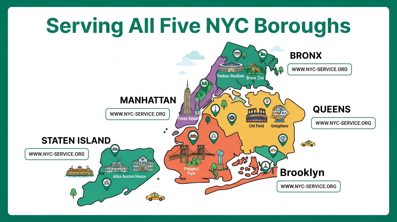 Cartoon map of NYC's five boroughs showing where SITEBOW builds websites
