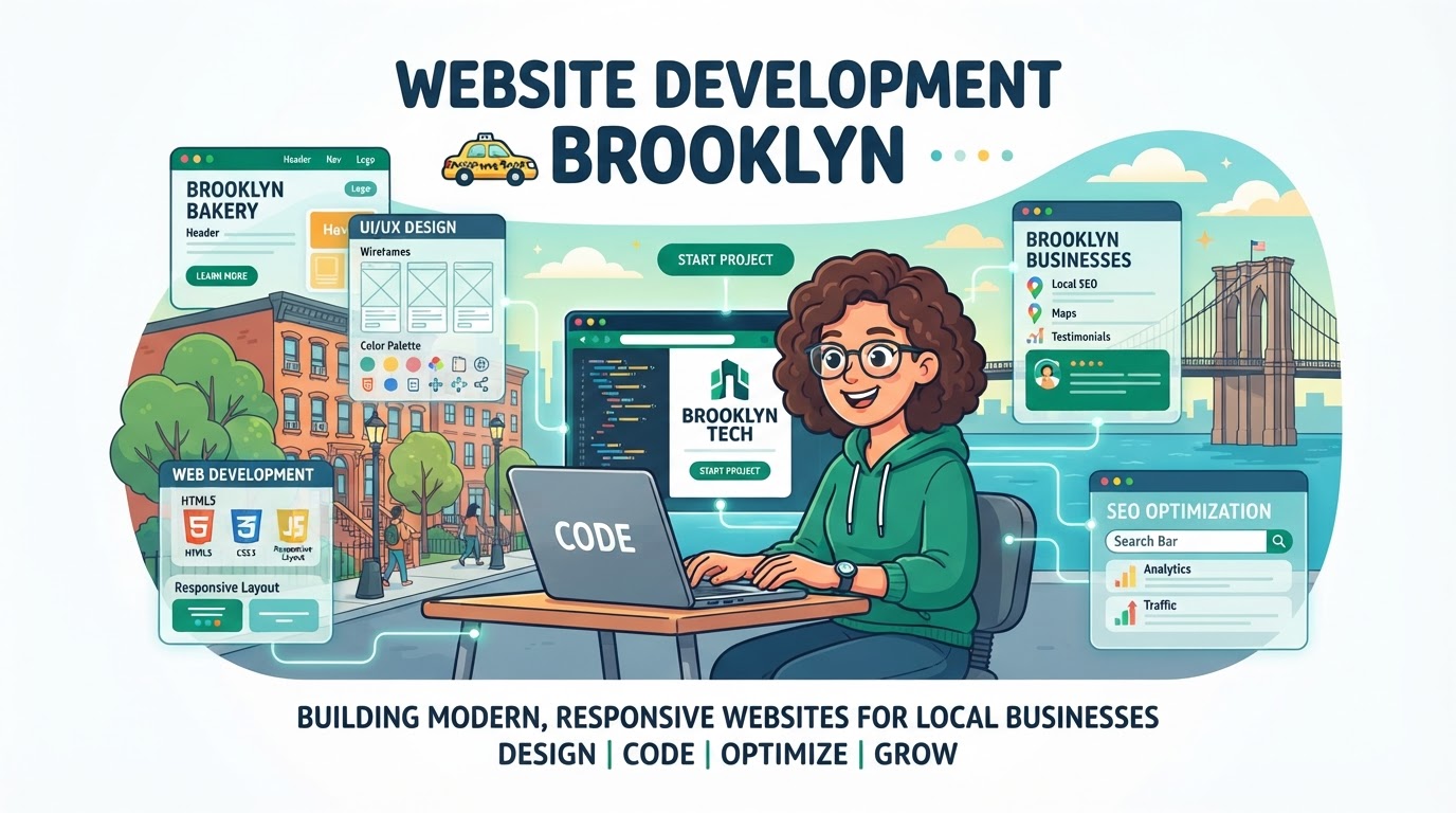 Cartoon illustration of website development in Brooklyn, New York