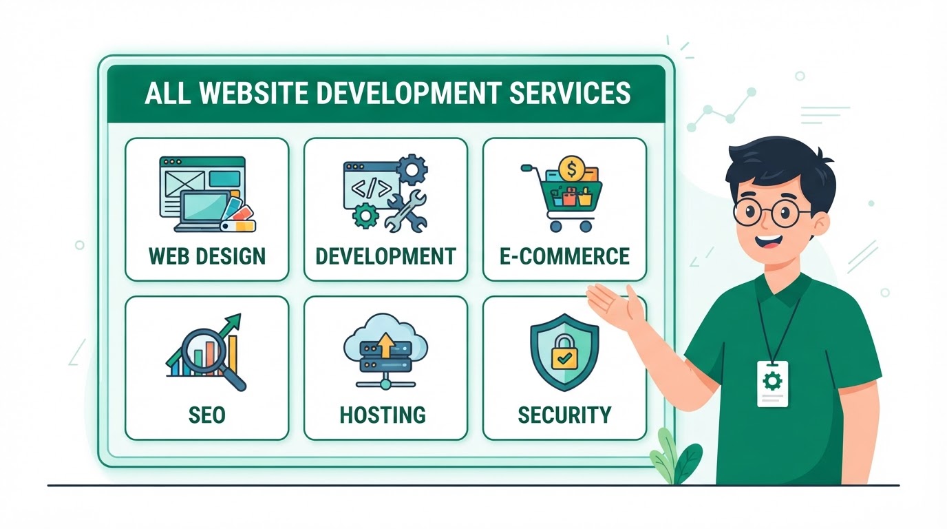 Cartoon overview of all website development services offered by SITEBOW in NYC