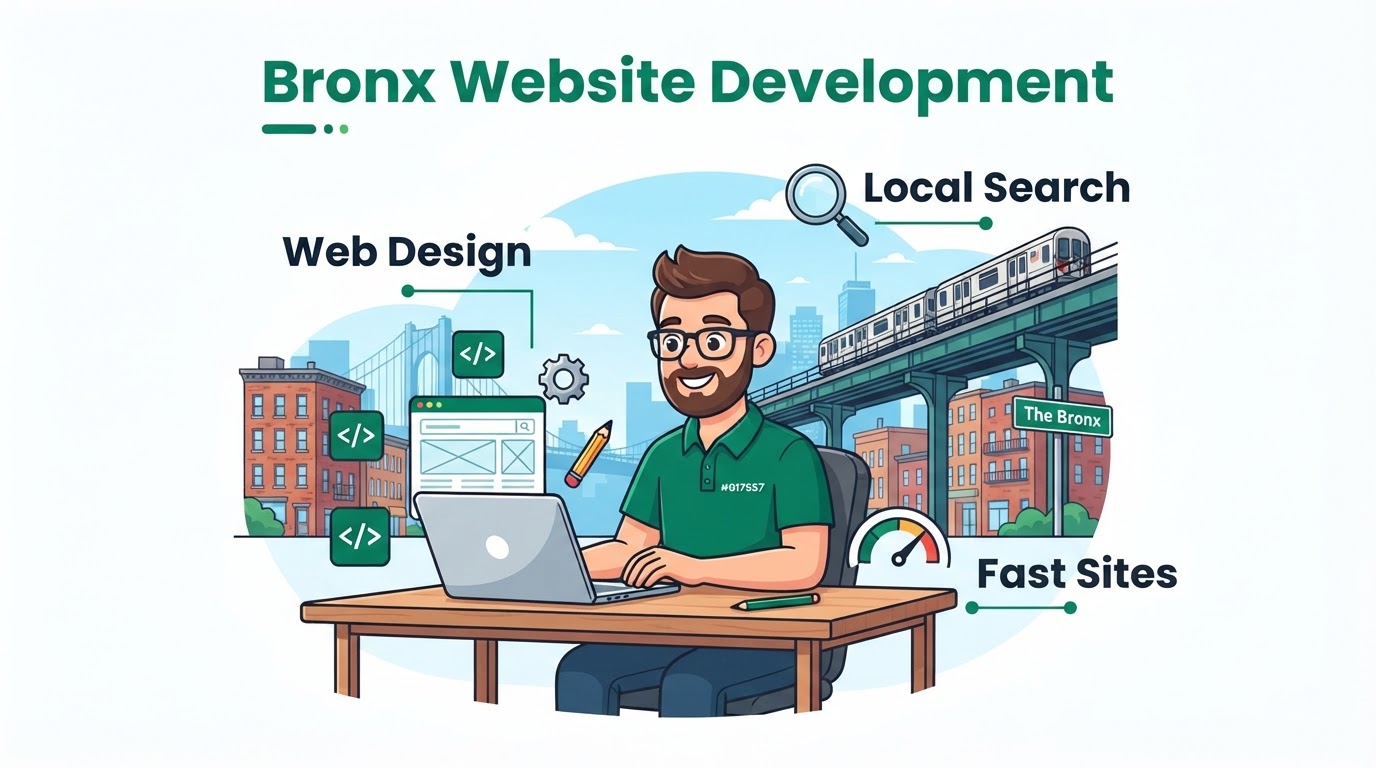 Cartoon illustration explaining website development in Fordham, Bronx, showing web design, SEO, and mobile-friendly features