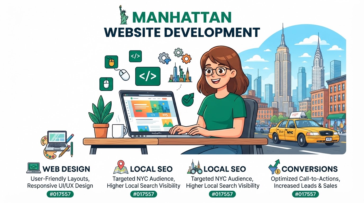 Cartoon illustration explaining website development in SoHo, Manhattan, showing web design, SEO, and mobile-friendly features
