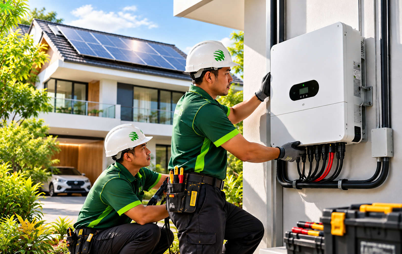 Dua juruteknik profesional memasang solar String Inverter di rumah pelanggan
