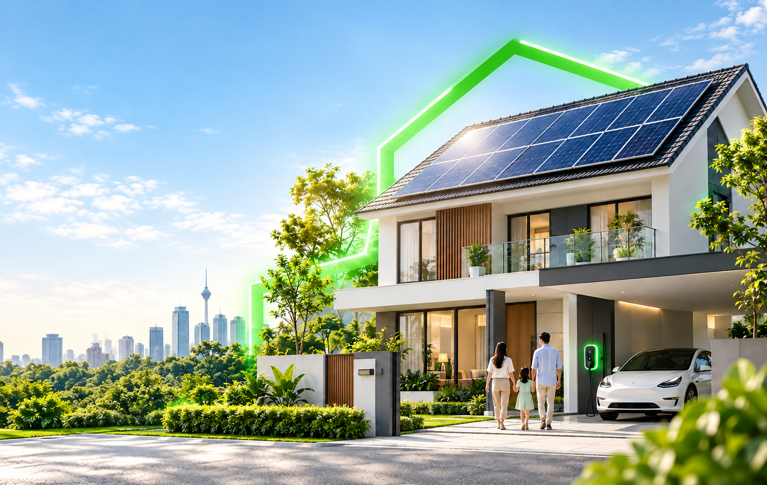 Rumah moden dua tingkat dengan panel solar di bumbung, keluarga dan kereta elektrik
