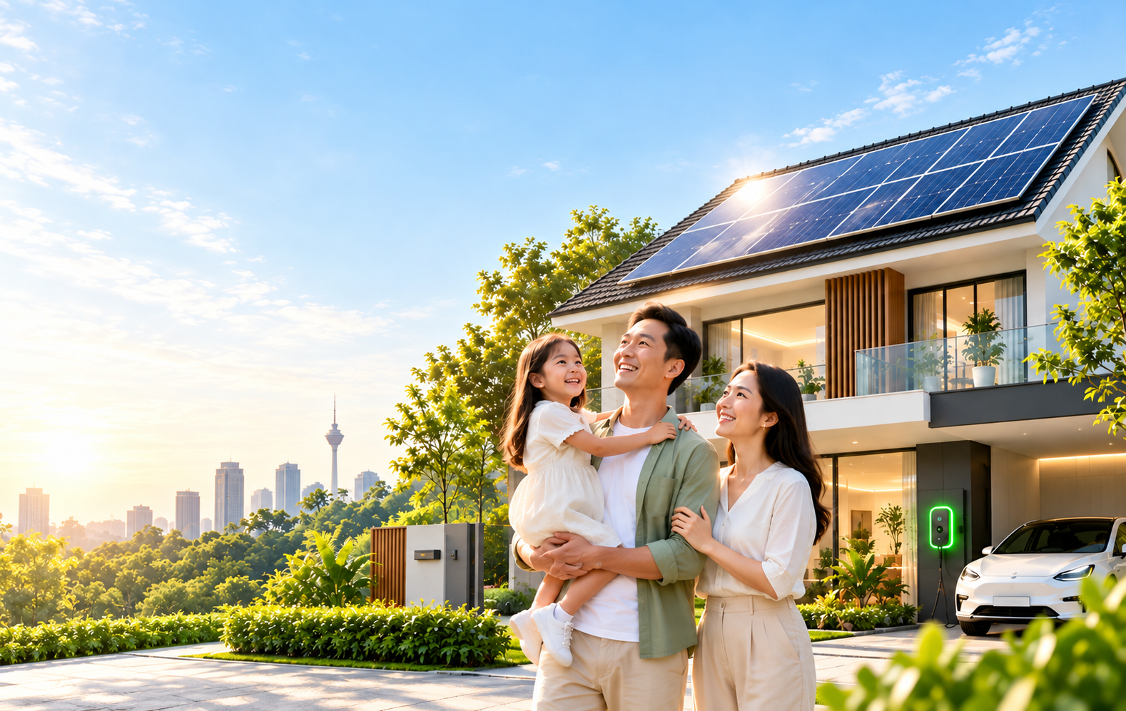 Keluarga gembira menikmati kediaman berkuasa tenaga solar