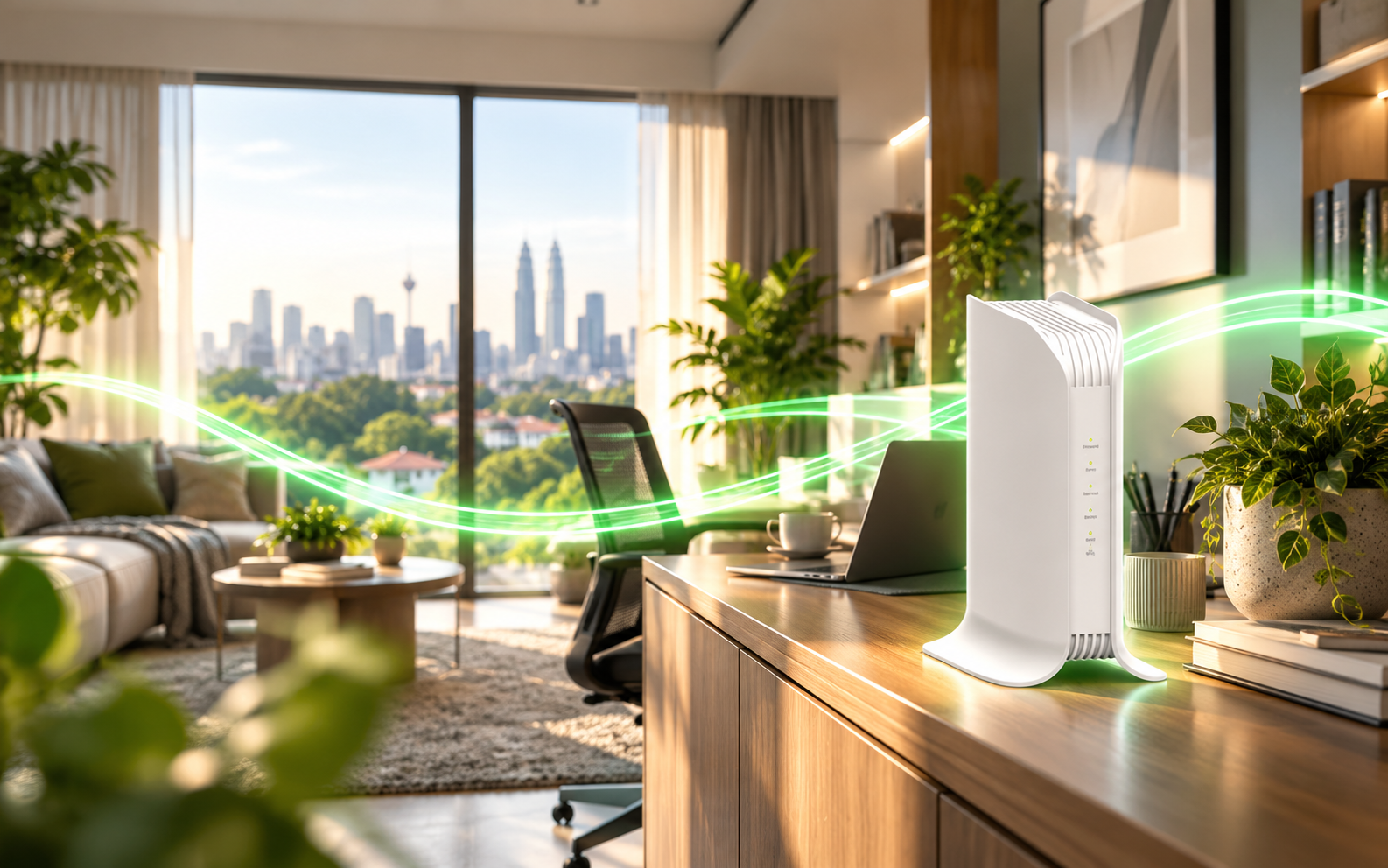 Maxis Fibre Premium Wi-Fi router moden di ruang kediaman dan pejabat dengan pemandangan Kuala Lumpur