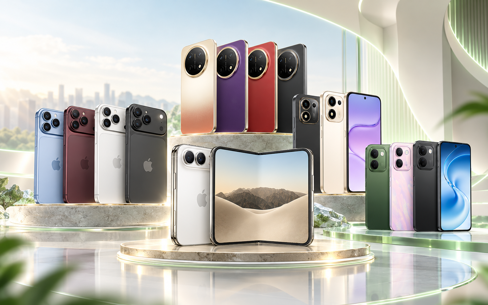 Telefon Baru Premium Foldable Smartphone Showcase pilihan model 5G terkini di atas platform pameran eksklusif