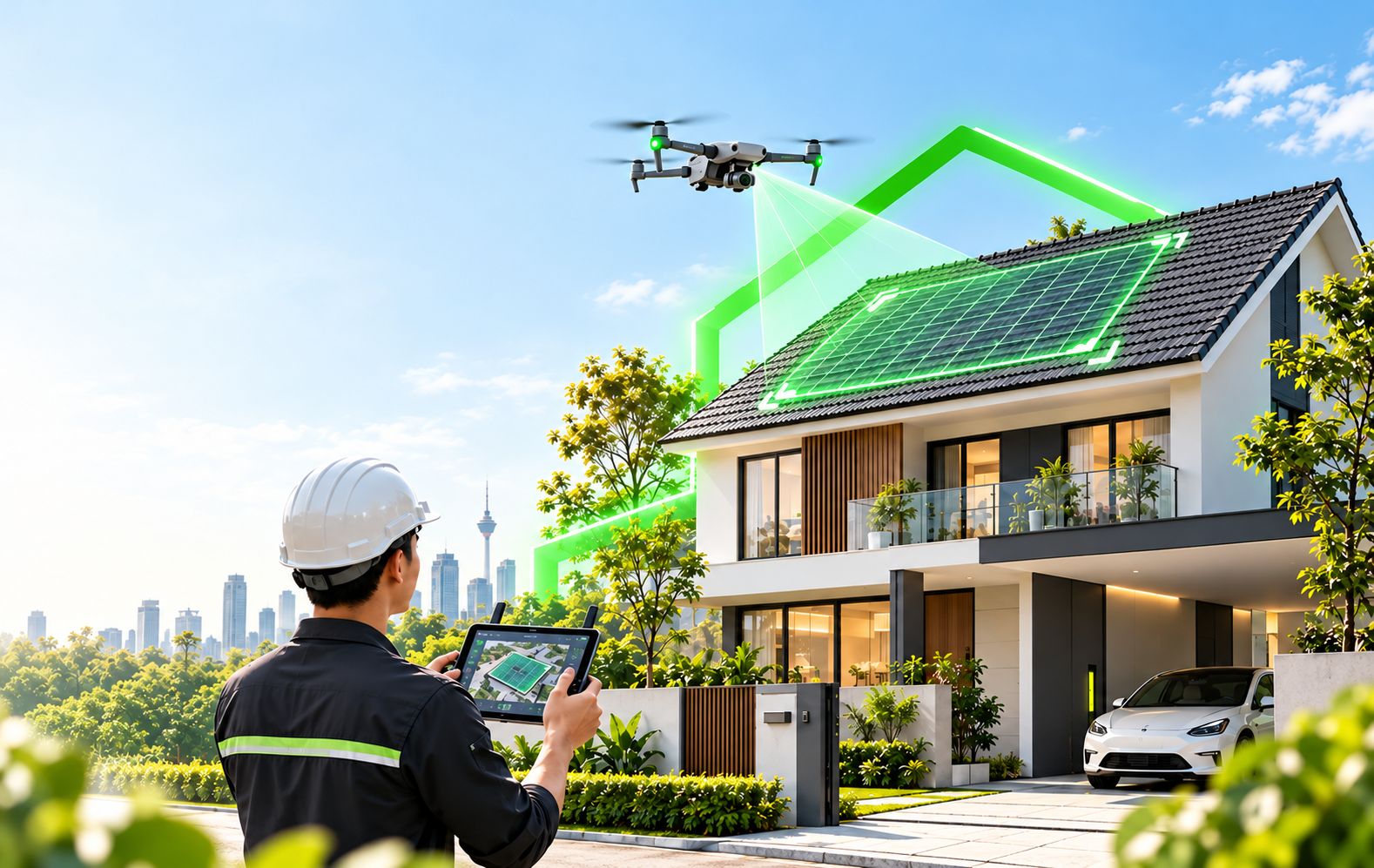 Drone memeriksa bumbung kediaman dengan juruteknik memegang tablet penilaian