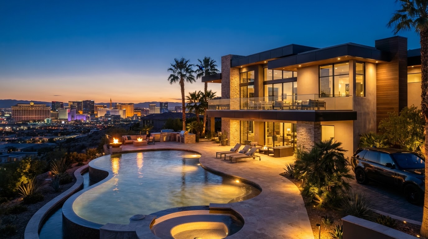 Luxury Las Vegas home at dusk with the Strip skyline in the background