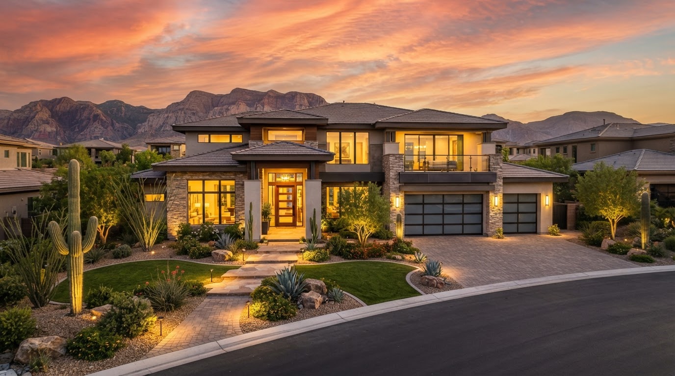 Upscale single-family home in a Las Vegas community at golden hour