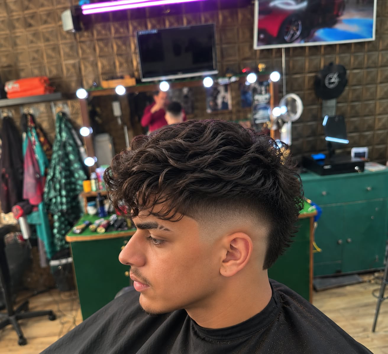 Curly Burst Fade Mullet