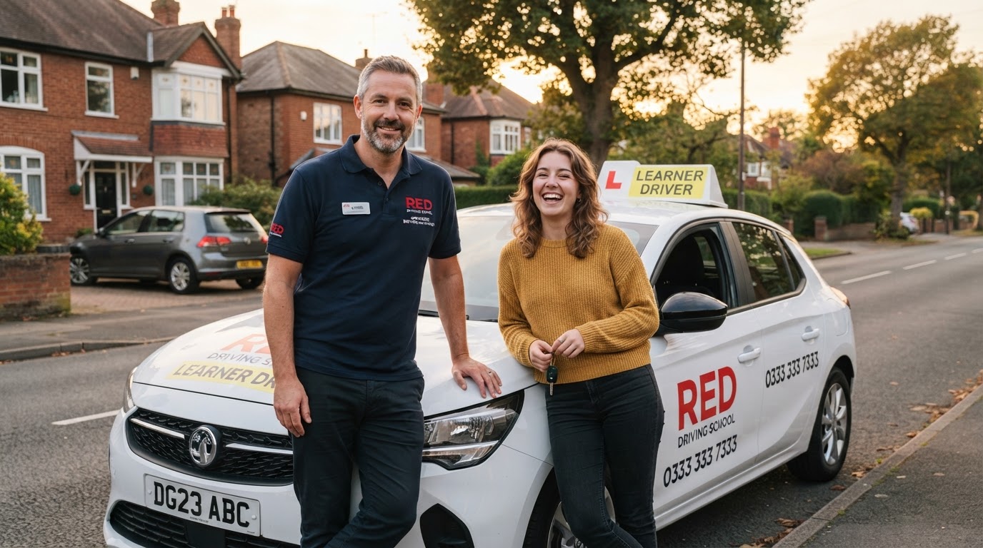 A friendly UK driving instructor beside a young learner and a modern driving school car