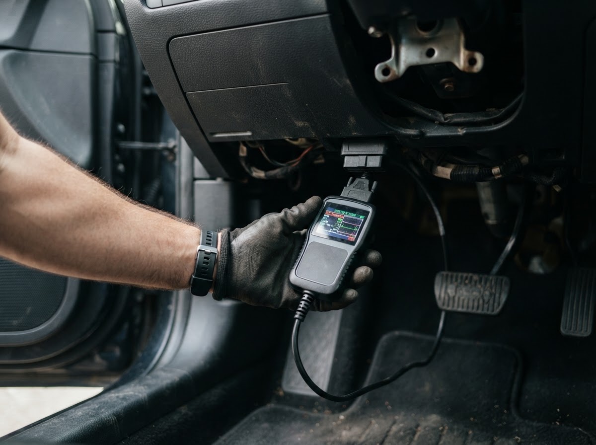 A diagnostic scan tool connected to a vehicle OBD2 port under the dashboard displaying diagnostic data
