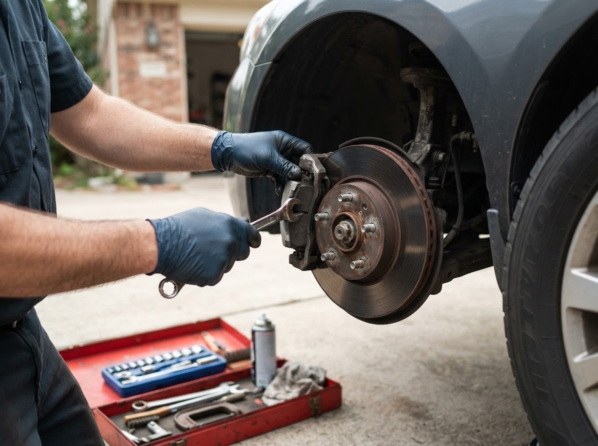 A mechanic replacing brake pads and inspecting a disc brake caliper on a sedan wheel at a residential driveway