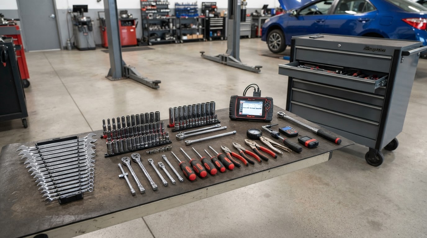 An organized set of mechanic tools and a diagnostic scanner arranged beside a rolling toolbox for mobile vehicle service