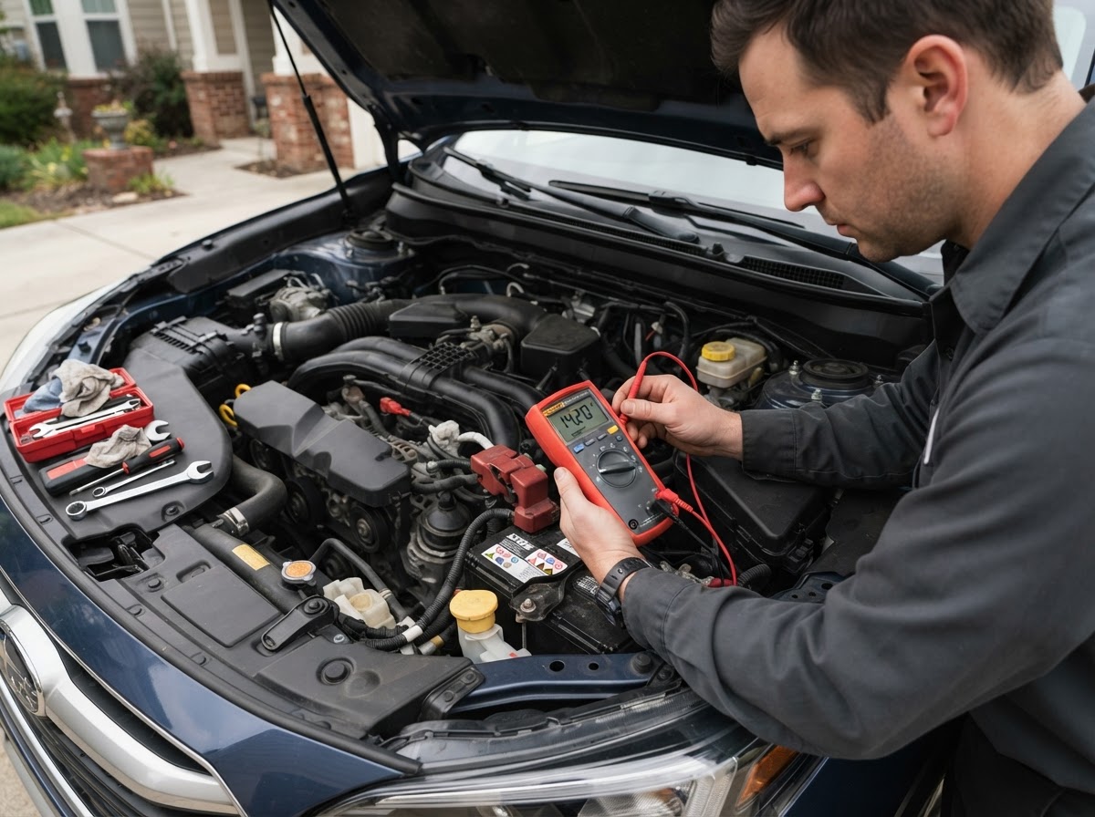 A mechanic using a multimeter to test a car battery and charging system terminals under the hood