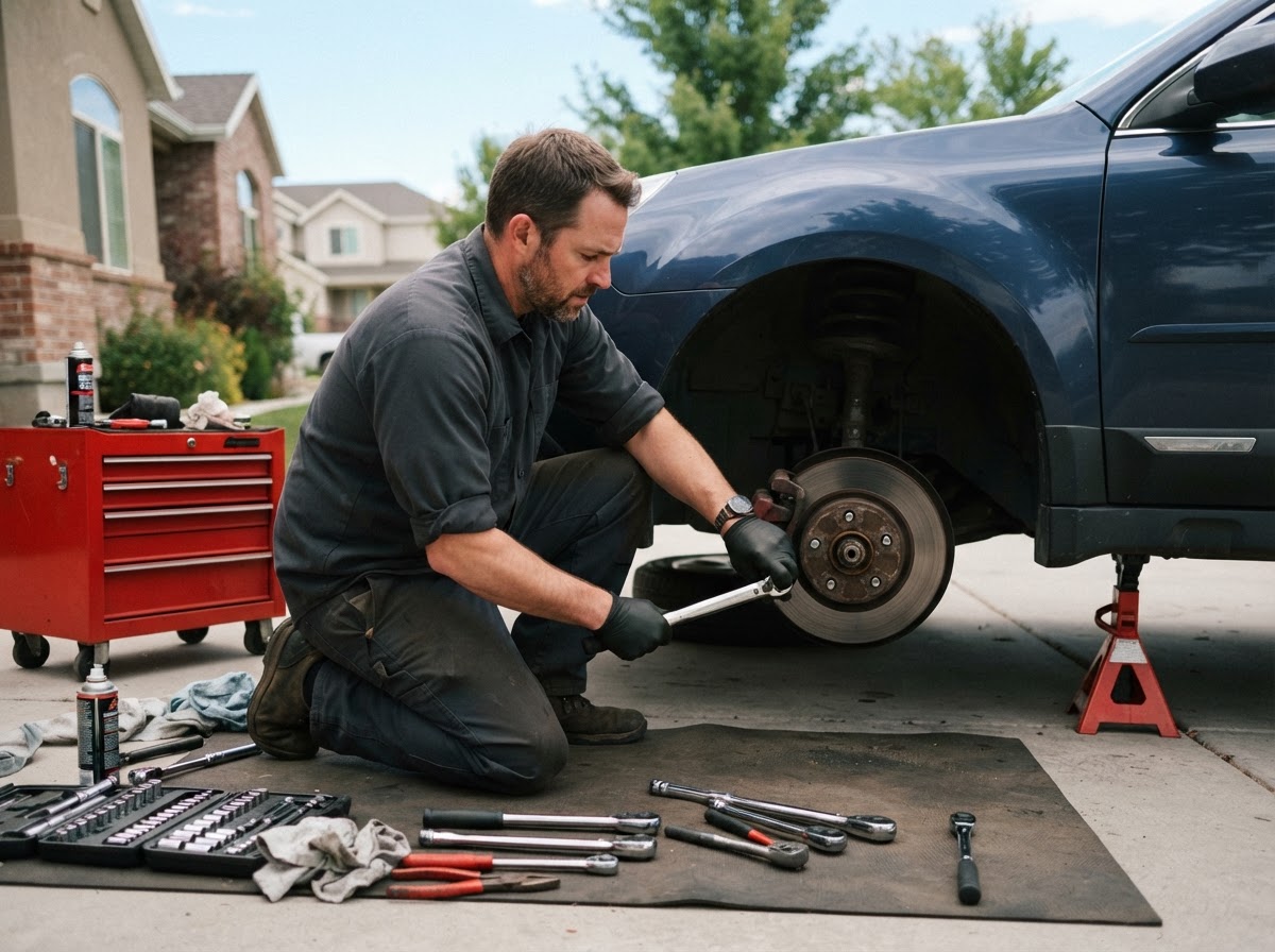 A mobile mechanic using a torque wrench on a brake caliper beside an organized tool set and rolling toolbox at a residential driveway