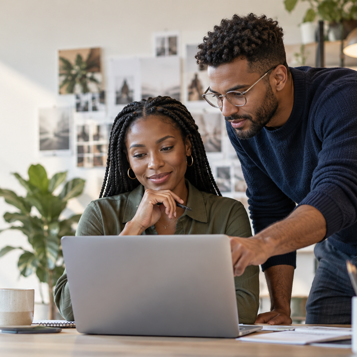 Business professionals collaborating in an organized workspace