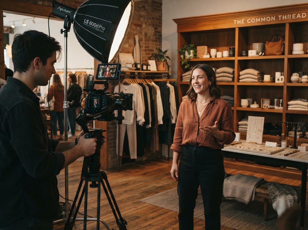 Boutique business owner on camera during a professional on-location video shoot