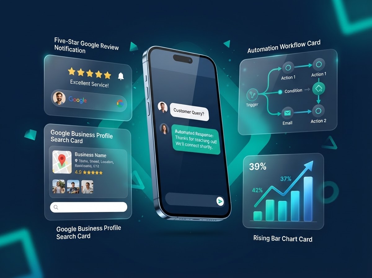 Illustration of a marketing automation system connecting text messages, Google reviews, business profiles, and growth metrics