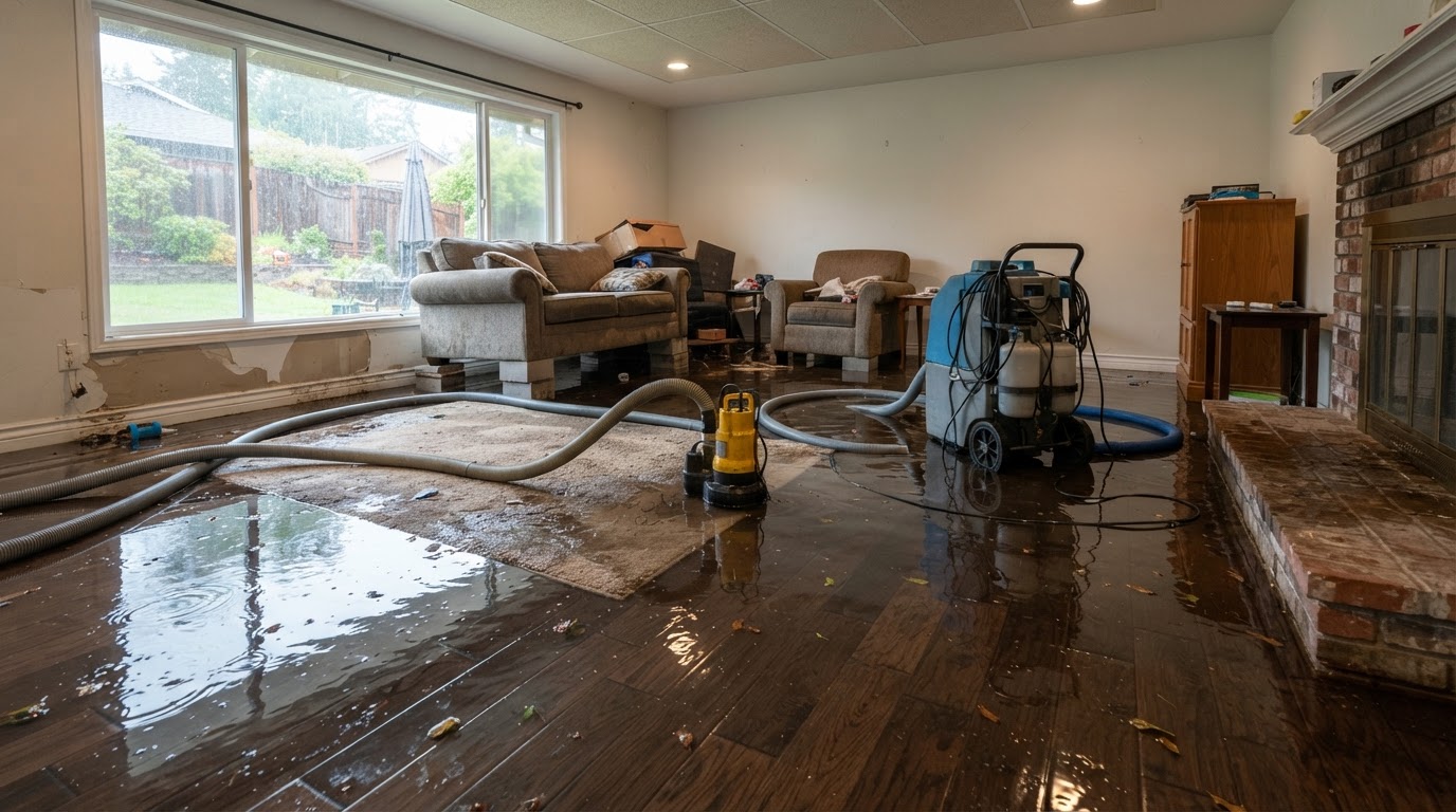flood damage cleanup equipment inside Wake Forest home