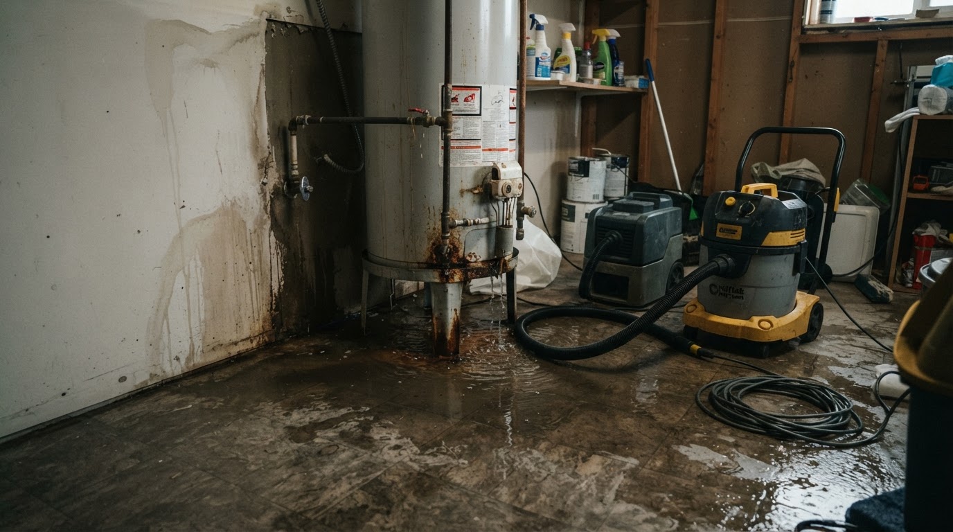 water heater leak water cleanup in Wake Forest home