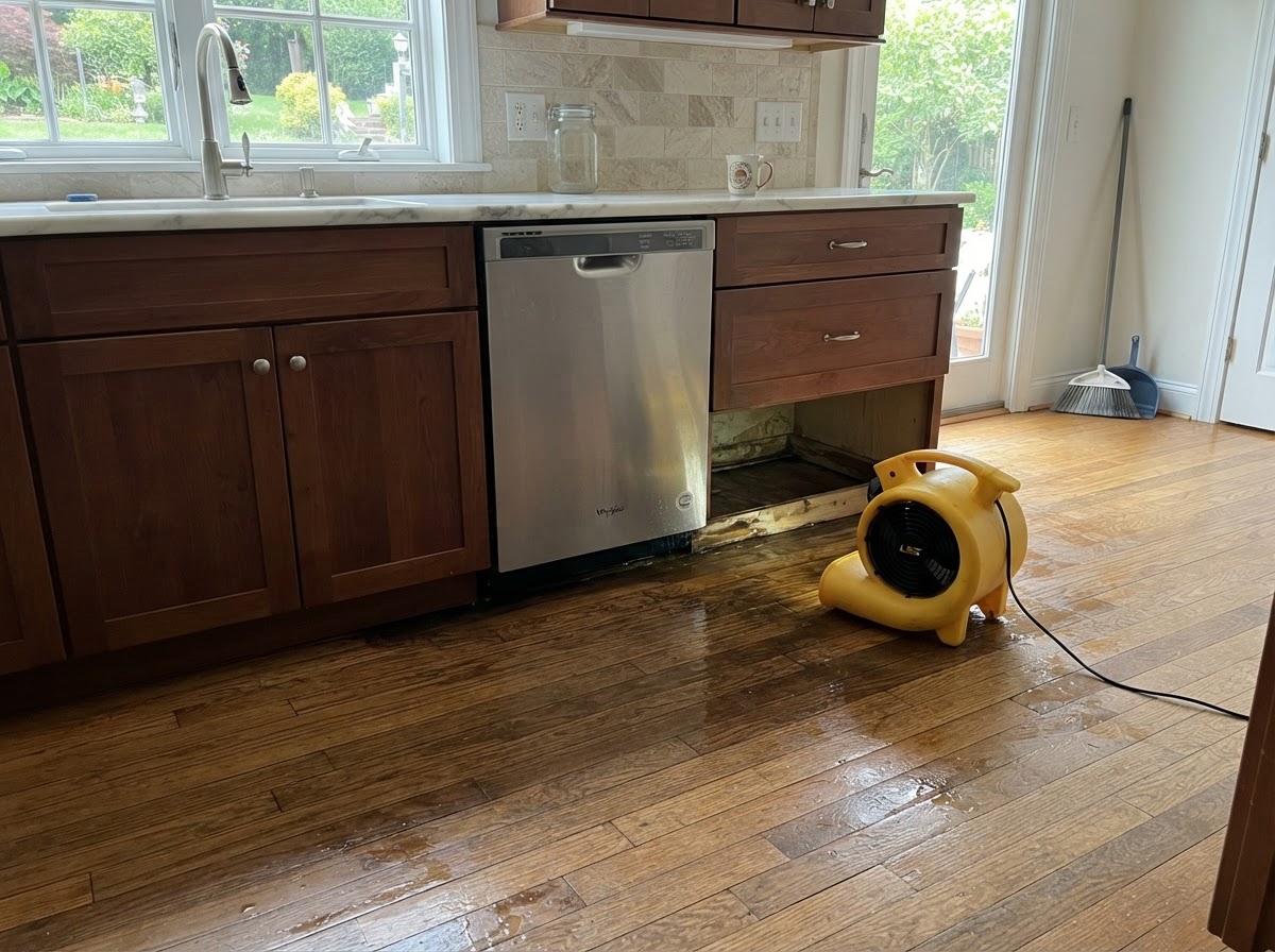 Dishwasher leak and kitchen water damage cleanup in Wake Forest