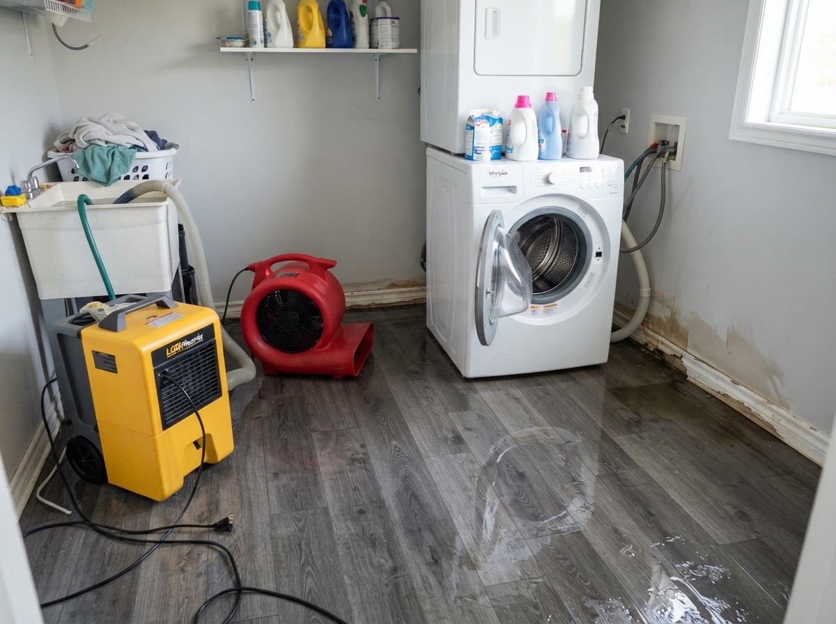 Washing machine overflow and laundry room water damage cleanup near Wake Forest