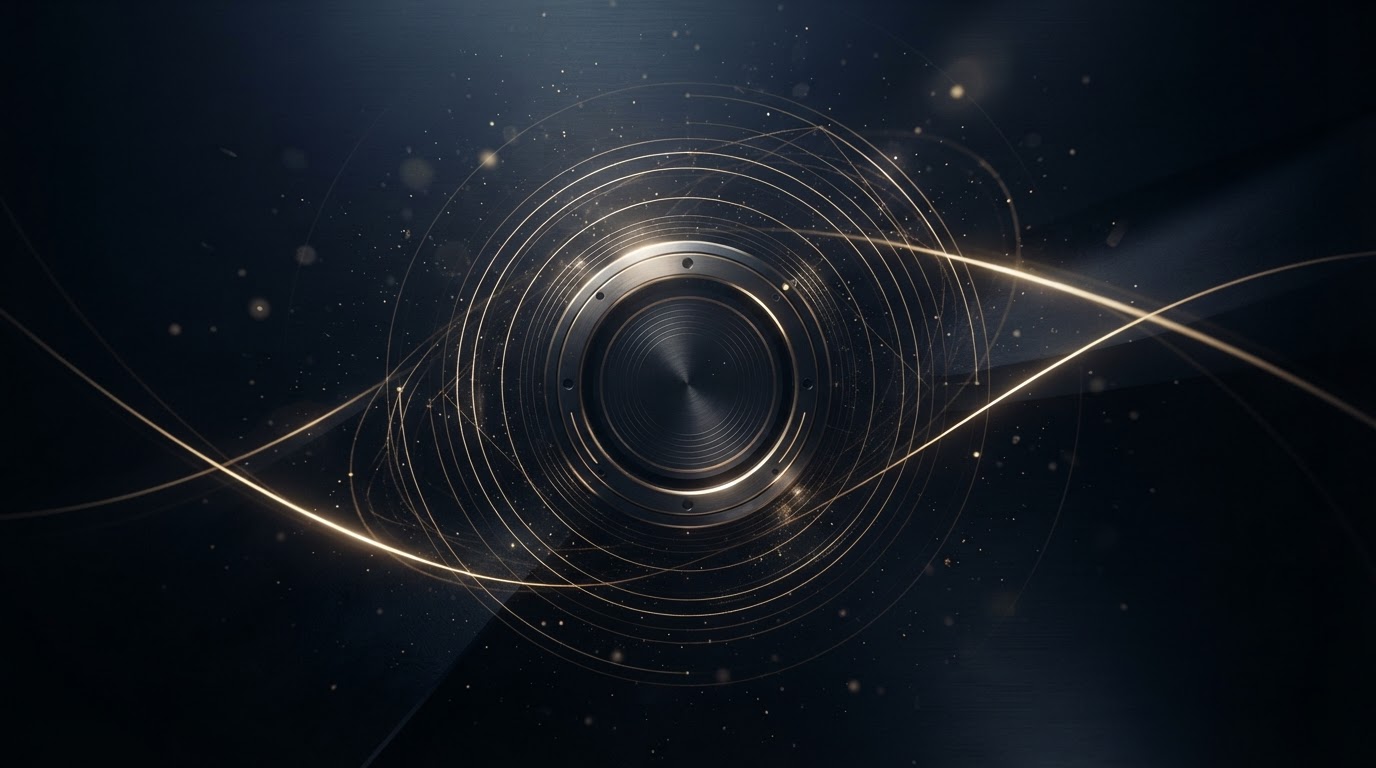 Abstract premium technology visual with subtle gold ring formations over midnight navy
