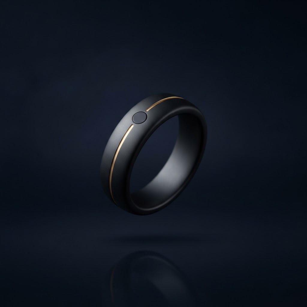 AxonRing premium NFC-enabled smart ring with a gold inlay on a midnight navy background