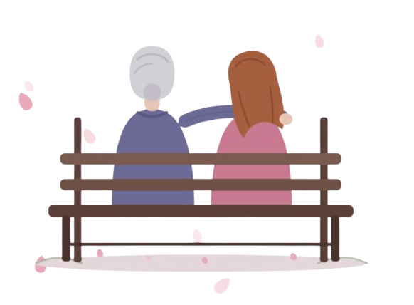 Two women sitting side by side on a park bench under falling crabapple petals