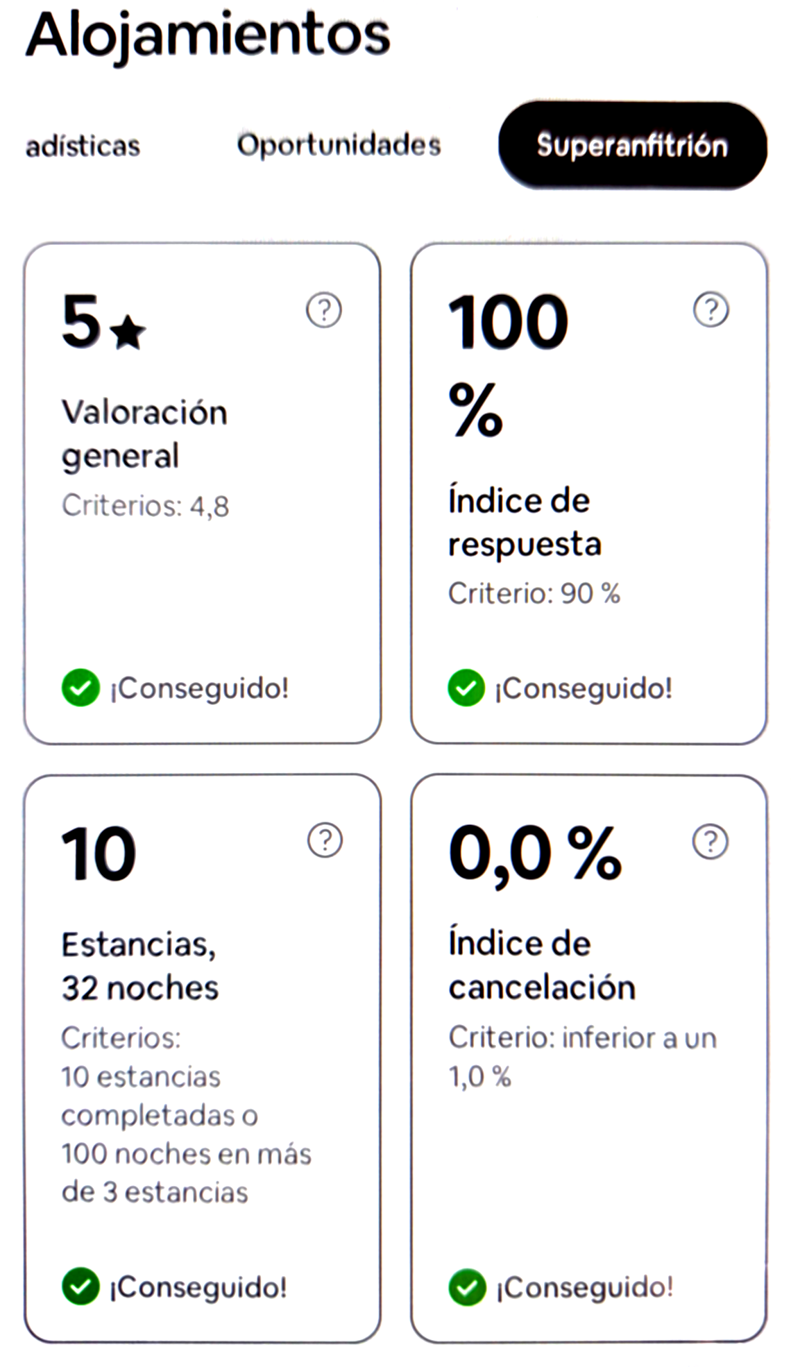 Captura real con los criterios para Superanfitrión cumplidos al 100% (5 estrellas, 100% respuesta, 0% cancelaciones).