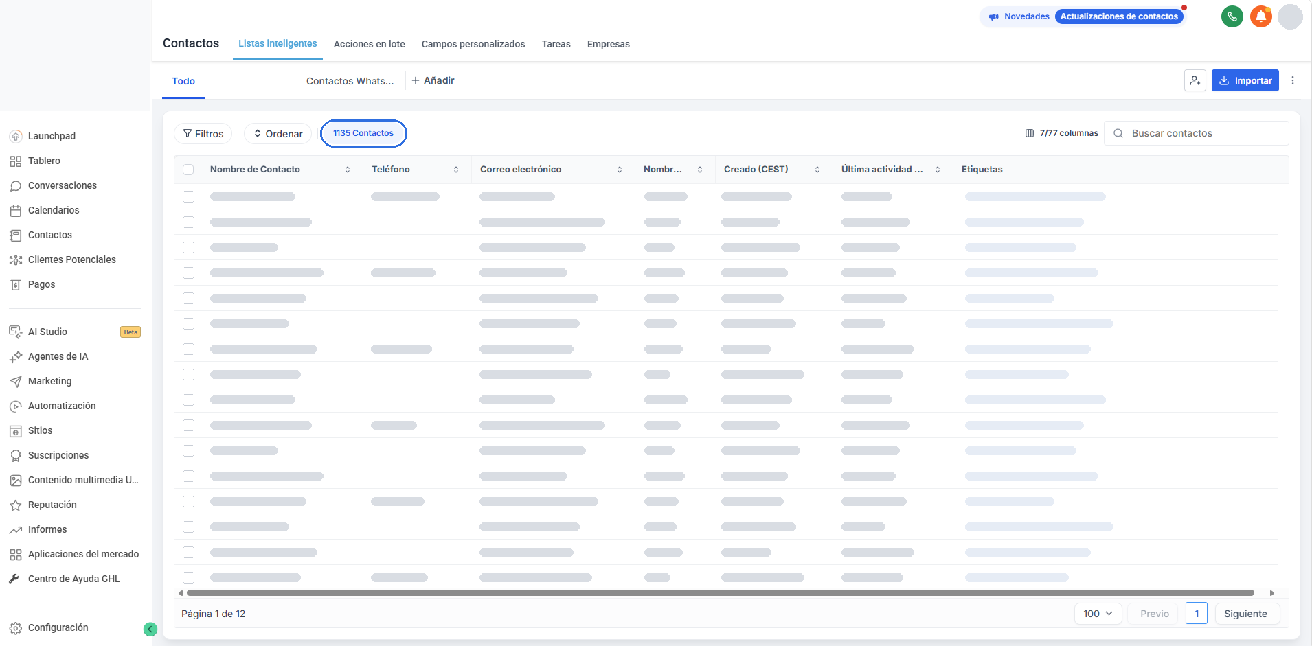 Captura real del panel con datos personales difuminados, mostrando la base de contactos.
