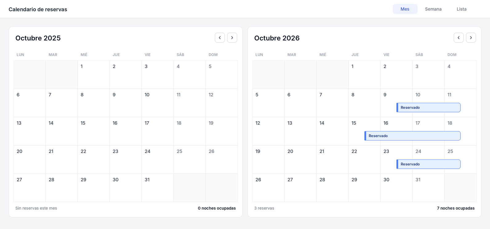 Captura real del calendario de reservas comparando octubre de 2025 frente a octubre de 2026.