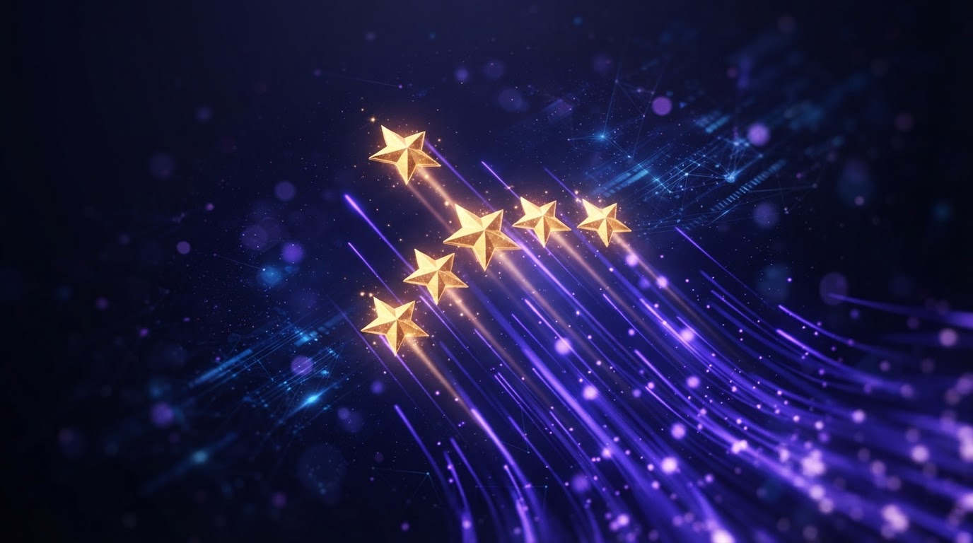 Glowing five-star reviews rising on a midnight indigo background
