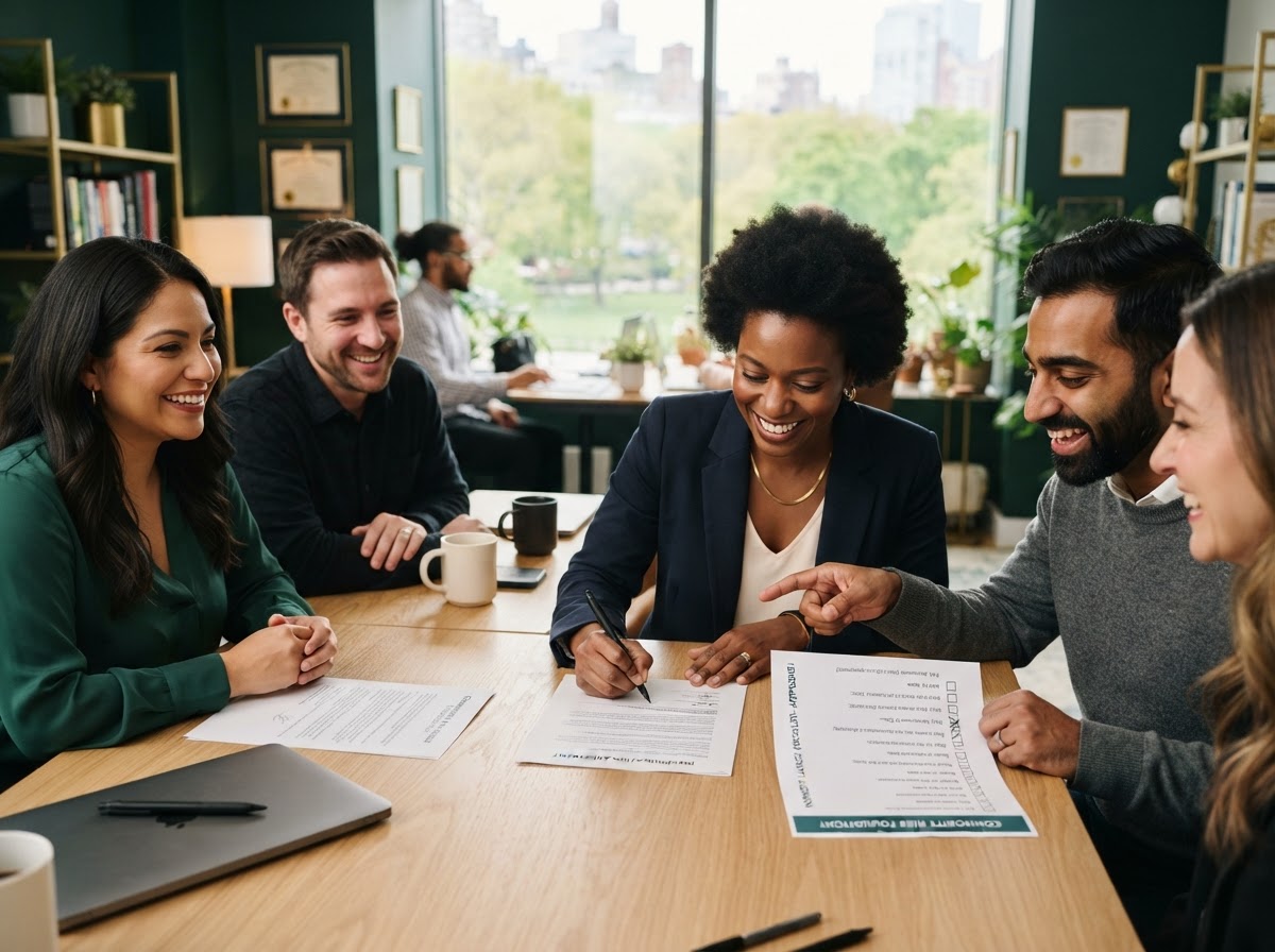 Nonprofit founders signing incorporation documents together at a sunlit table
