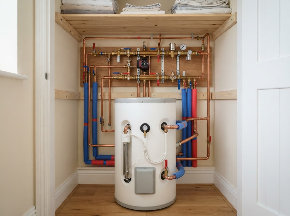 Neat hot water cylinder and copper pipework manifold in a clean airing cupboard