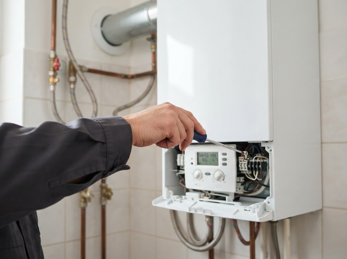 Boiler service being carried out with a screwdriver near the control panel