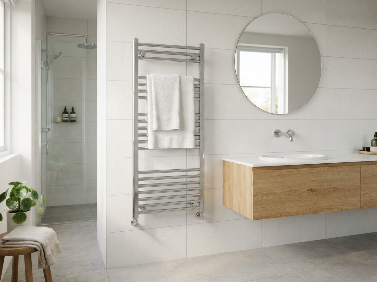 Modern chrome heated towel rail radiator fitted neatly on a tiled bathroom wall